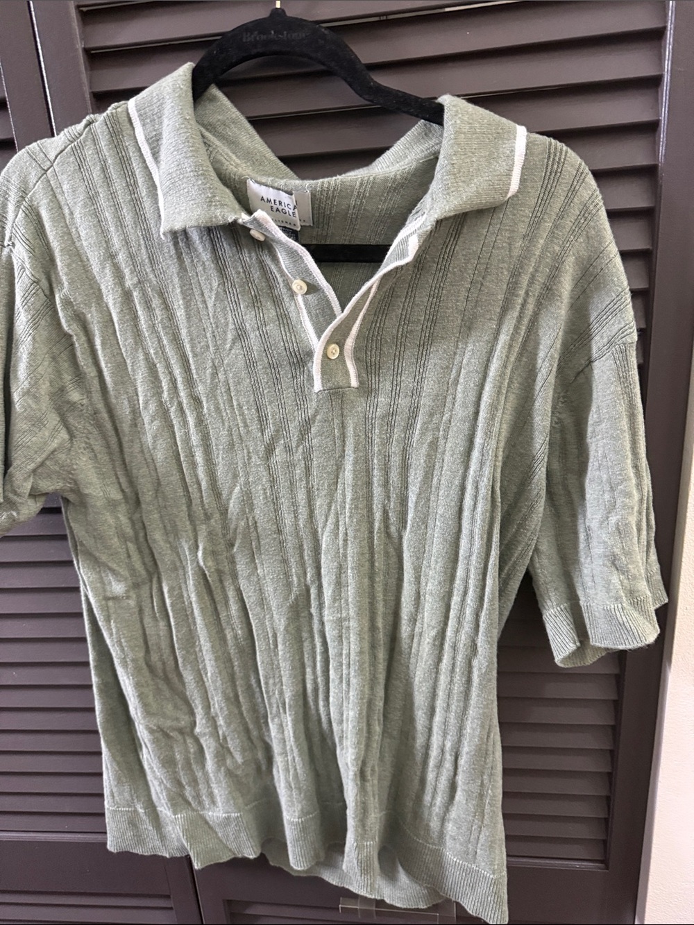 American Eagle Outfitters Men's Light Sage Green Knit Polo with White Trim